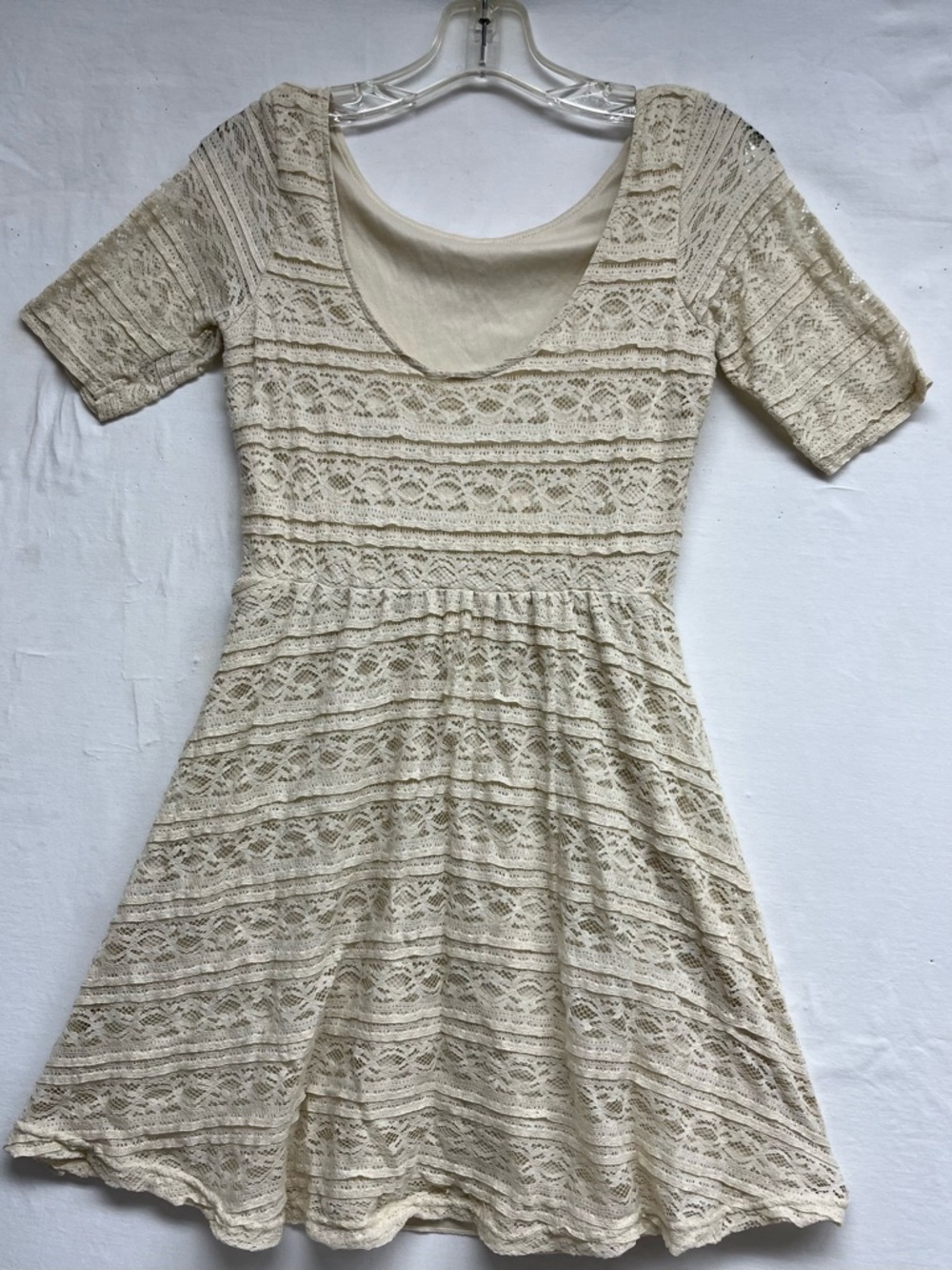 Romantic Tiered Cream Lace Mini Dress, XS Cottagecore, Coquette